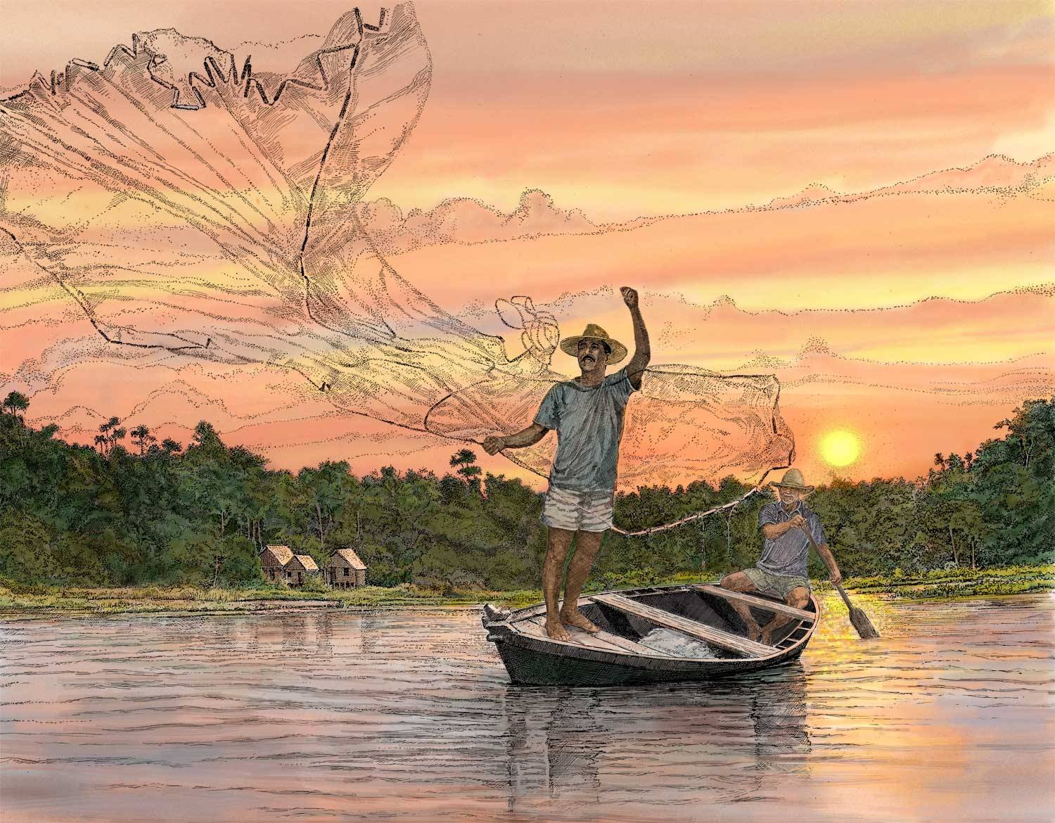 Паустовский ловил рыбу. Пейзаж с рыбаком. Картина Рыбак. Пейзаж с рыбаком на лодке. Рыбак в лодке иллюстрация.