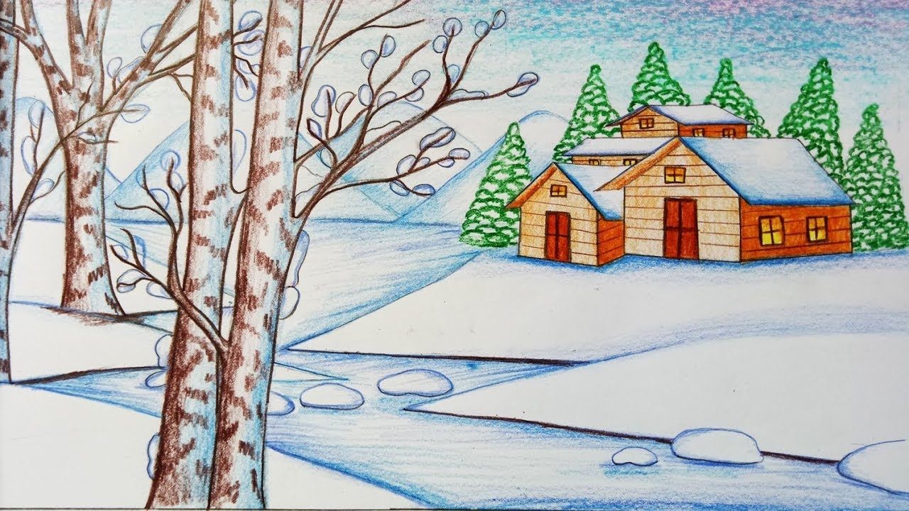 Зимние картинки легко. Зимние рисунки. Рисунок на тему зима. Зимний пейзаж рисунок. Зимний пейзаж легкий.