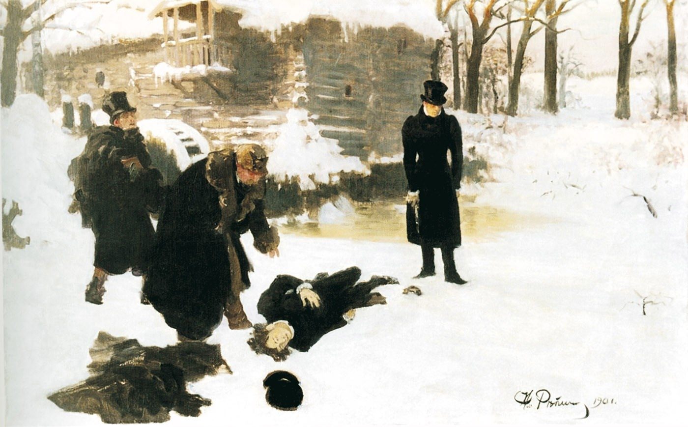 Сколько было онегину на момент дуэли. Дуэль Пушкина картина. Репин "дуэль Онегина и Ленского" (1899 г.).