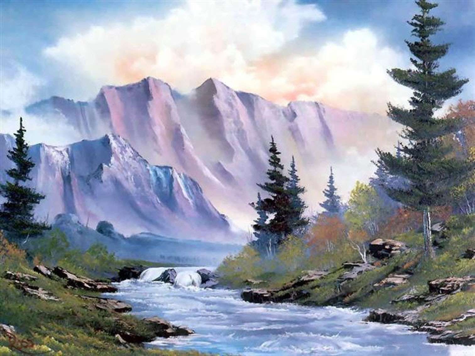 Гора росс. Живопись. Bob Ross, "Горная река". Художник пейзажист Боб Росс. Пейзаж Боба Росса.