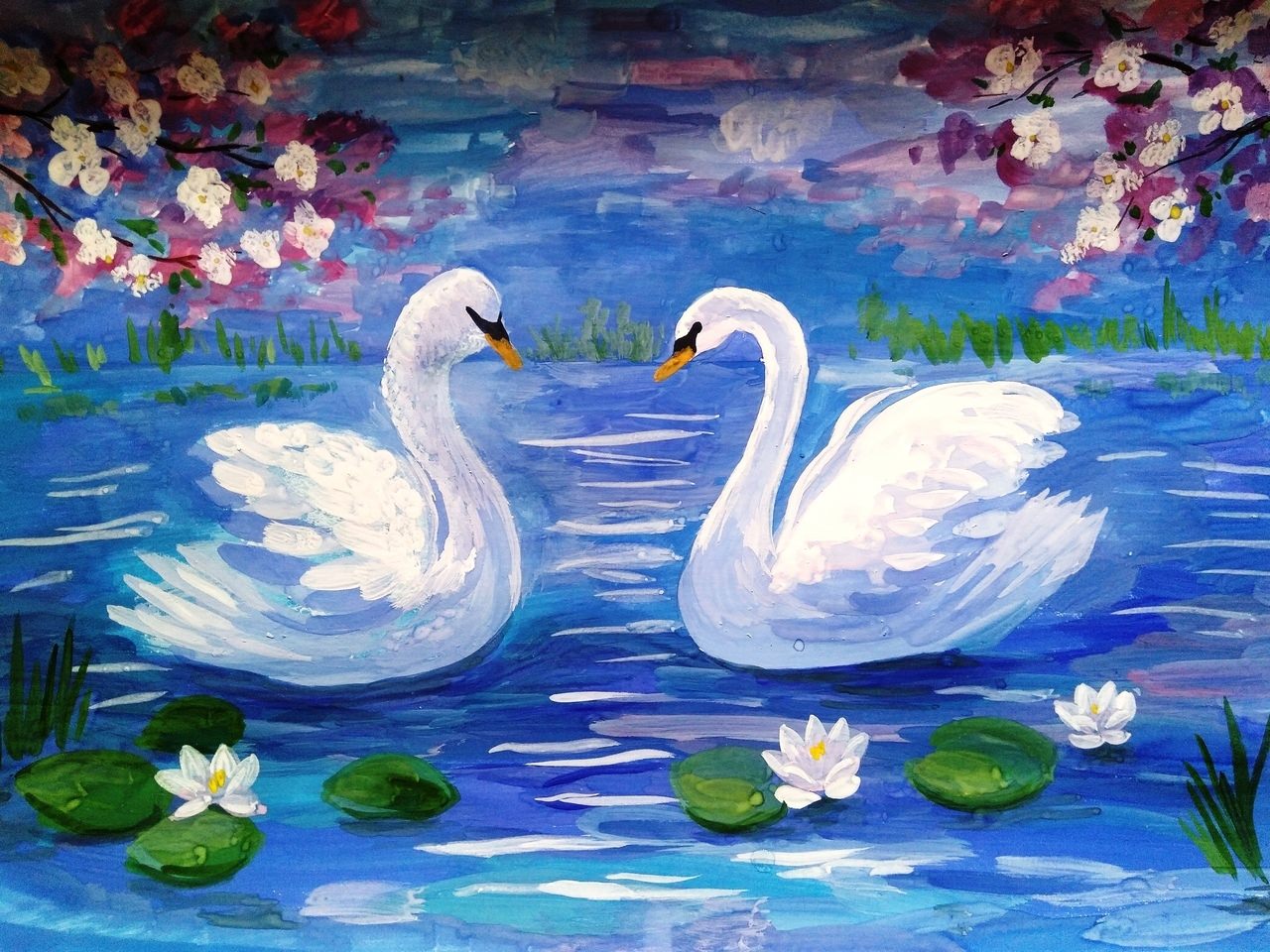 Лебединое озеро для детей. Лебедь рисунок. Пейзаж с лебедями. Лебеди гуашью. Живопись лебеди на озере.