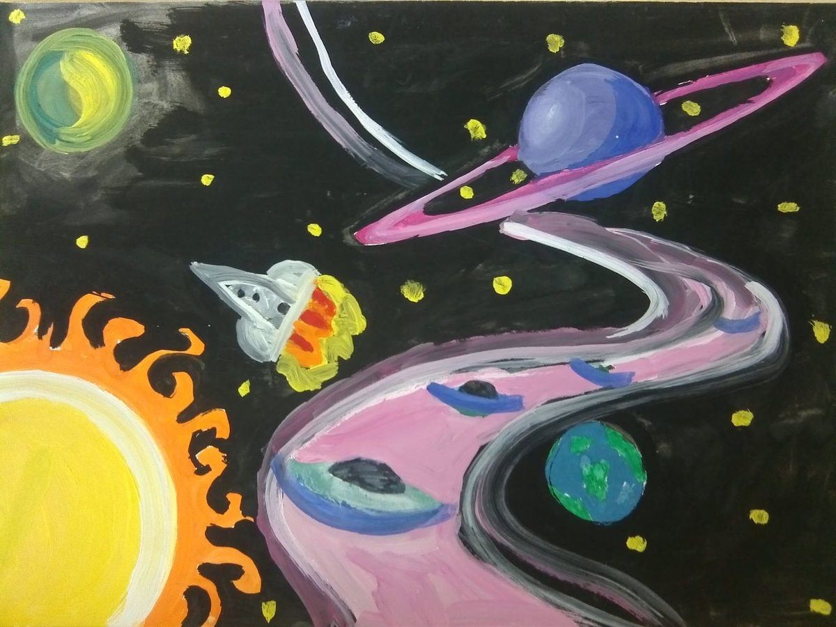 Изо день космонавтики 1 класс. Рисунок на тему космос. Рисунок на космическую тему. Детские рисунки на тему космос. Космический пейзаж.