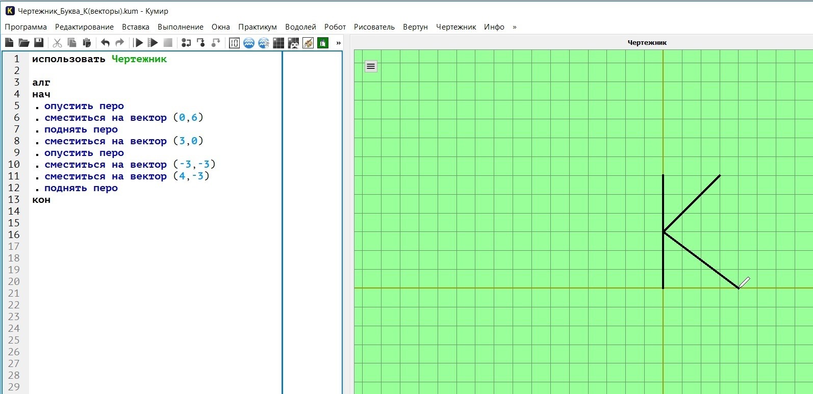 Кумир задача 3. Алгоритм буквы к кумир чертежник. Робот чертежник кумир. Кумир чертежник смещение на вектор. Кумир сместиться на вектор.