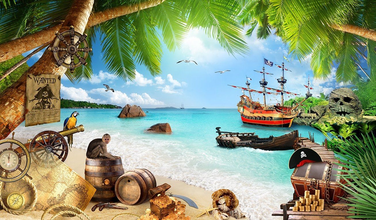 Приключенческая тематика. Остров сокровищ в Карибском море. Пиратская тема. Пиратский корабль и остров. Пиратский фон.