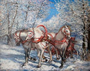 Картина тройка лошадей зимой