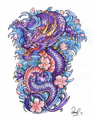Эскиз дракона в японском стиле цветной