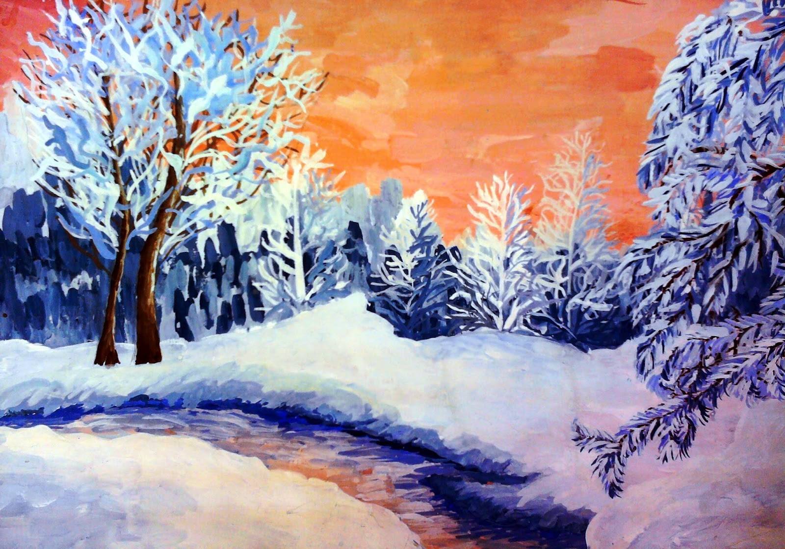 Как рисовать зиму. Зима рисунок. Рисование зимний пейзаж. Зимний пейзаж гуашью для детей. Зимний пейзаж рисунок красками.