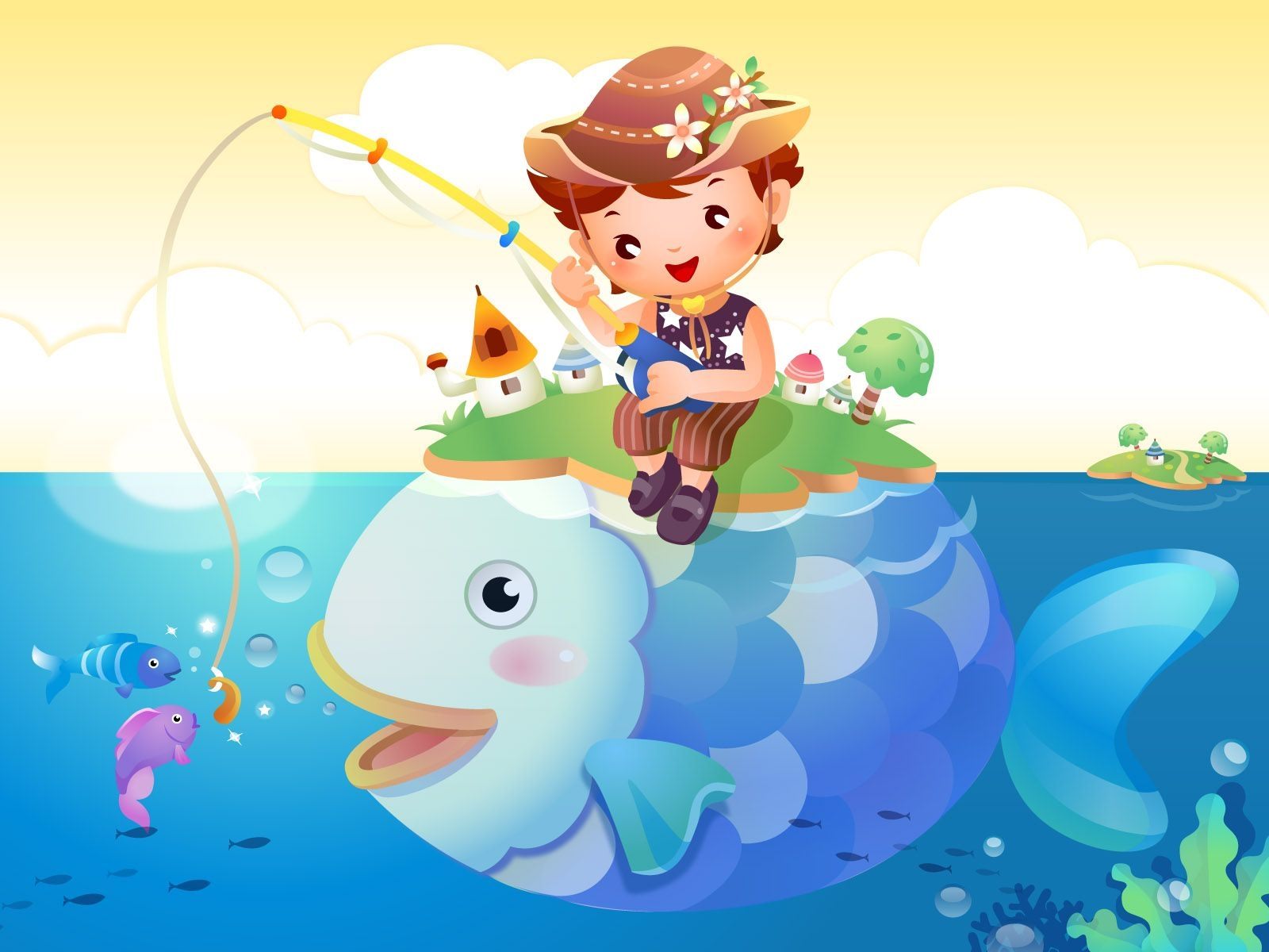 Baby fishing. Красивые детские картинки. Весёлые рыбки. Векторные иллюстрации детские. Рыболов для детей.