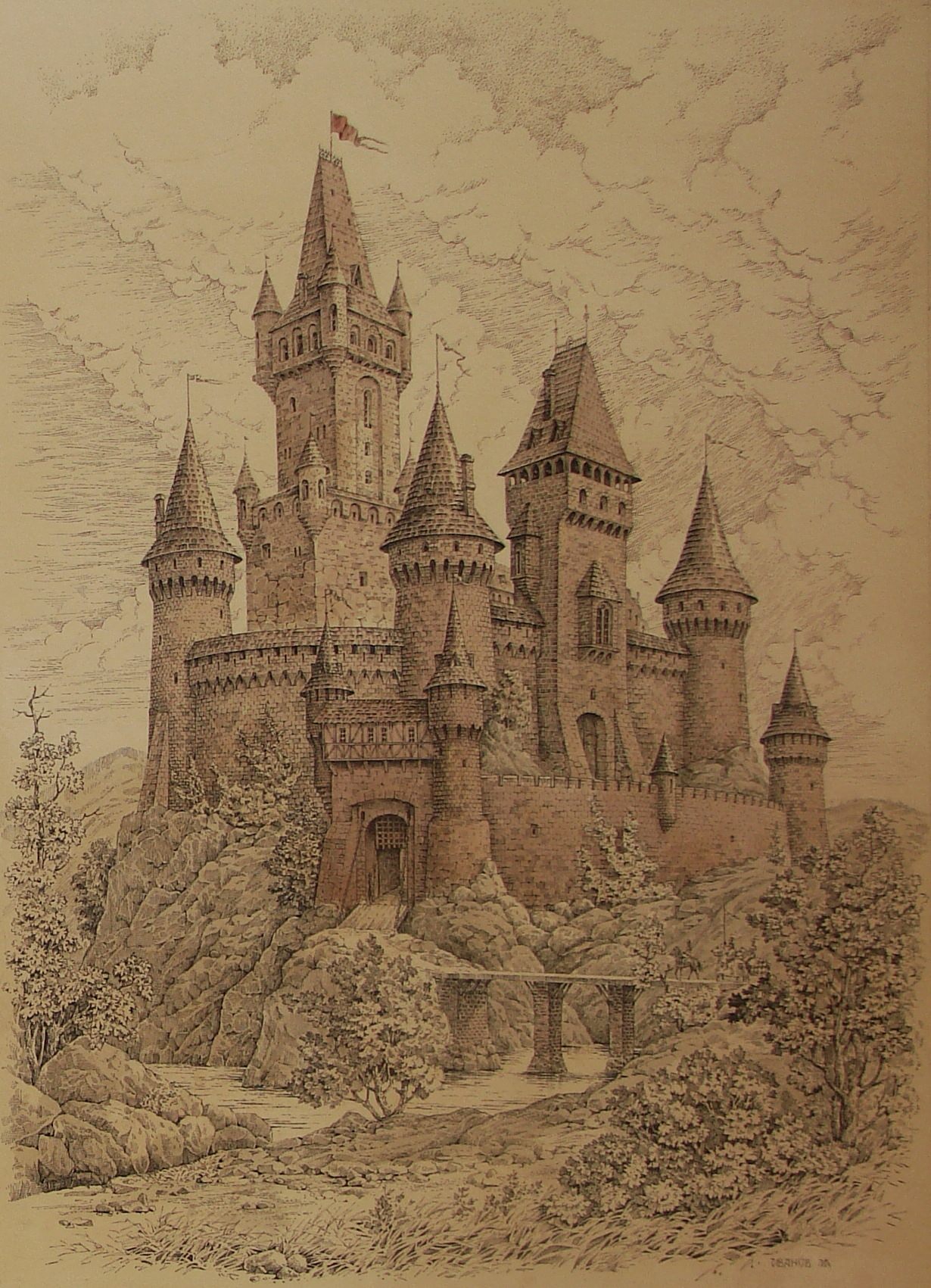 Рисунок старой крепости. Замок гравюра. Замок рисунок. Старинный замок рисунок. Старинные замки Гравюры.