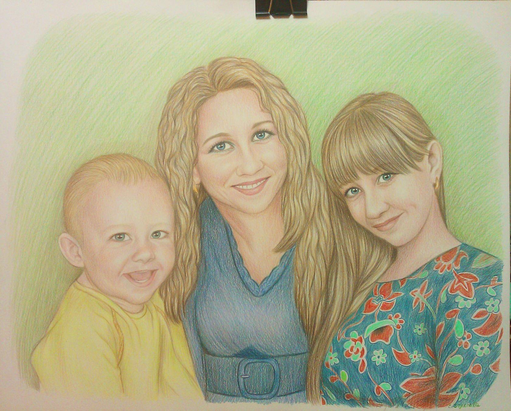 Двойной портрет матери и ребенка. Семейный портрет. Портрет мамы. Рисунок для мамы. Семейный портрет цветными карандашами.