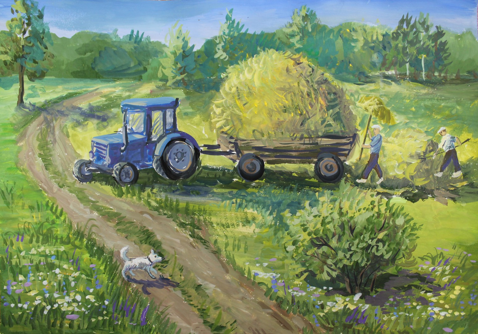 Труд людей в поле. Трактор в деревне сенокос. Пейзаж с трактором. Трактор в поле. Трактор картина.