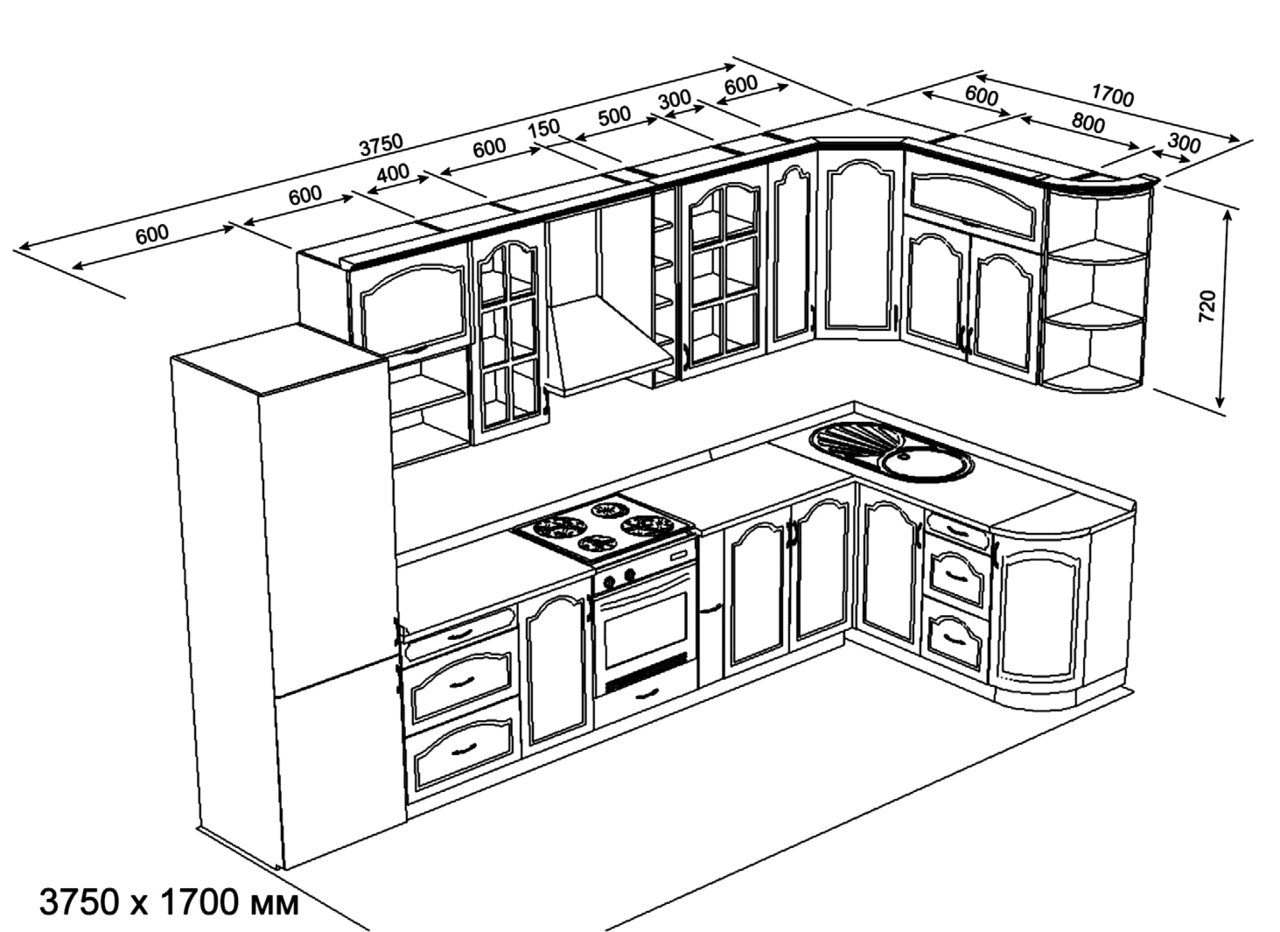 Схема кухни угловой нарисовать