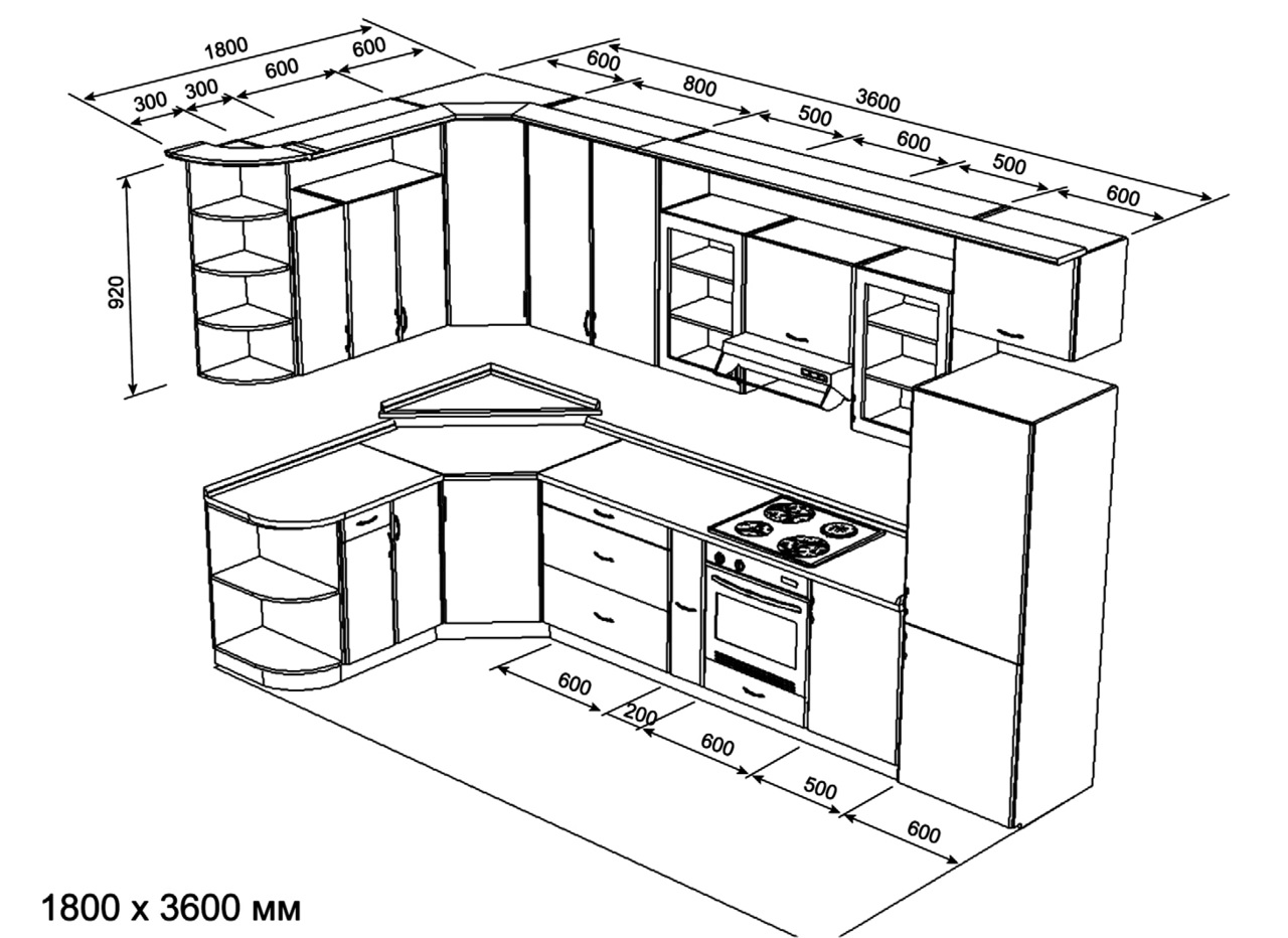 Схема угловой кухни с размерами