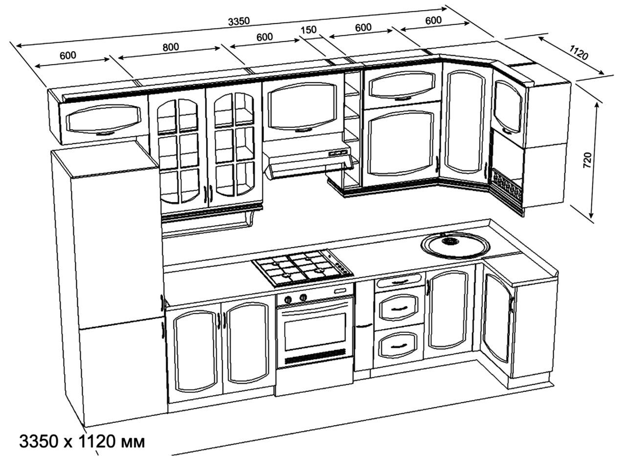 Кухонный гарнитур 3м угловой чертеж