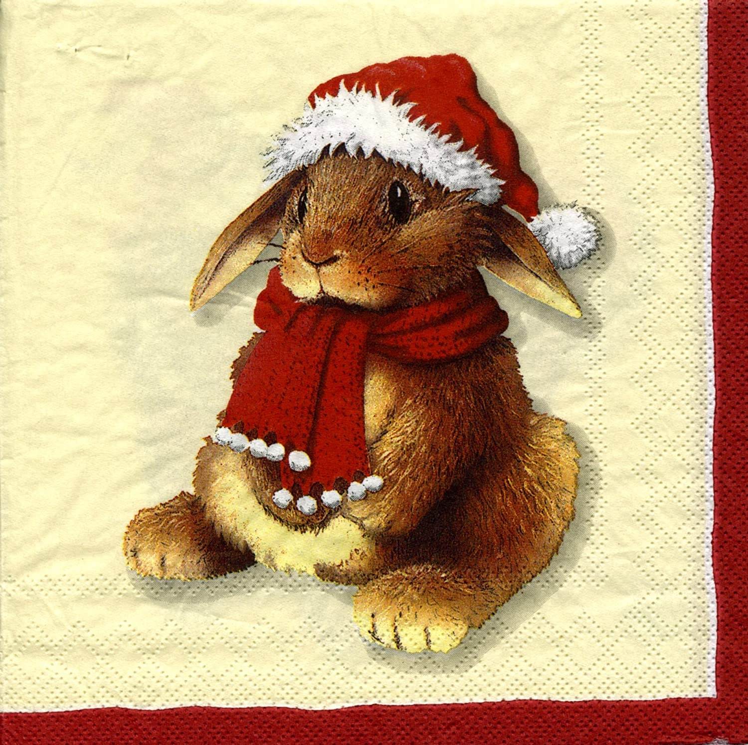 Новым годом зайчик. Новогодний зайчик. Новогодний кролик. Заяц в новогодней шапке. Зайчики салфетки для декупажа новый год.