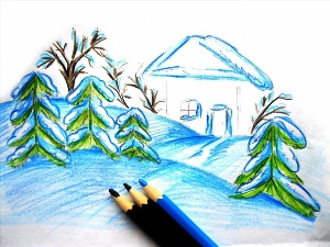 Зимние рисунки цветными карандашами детские