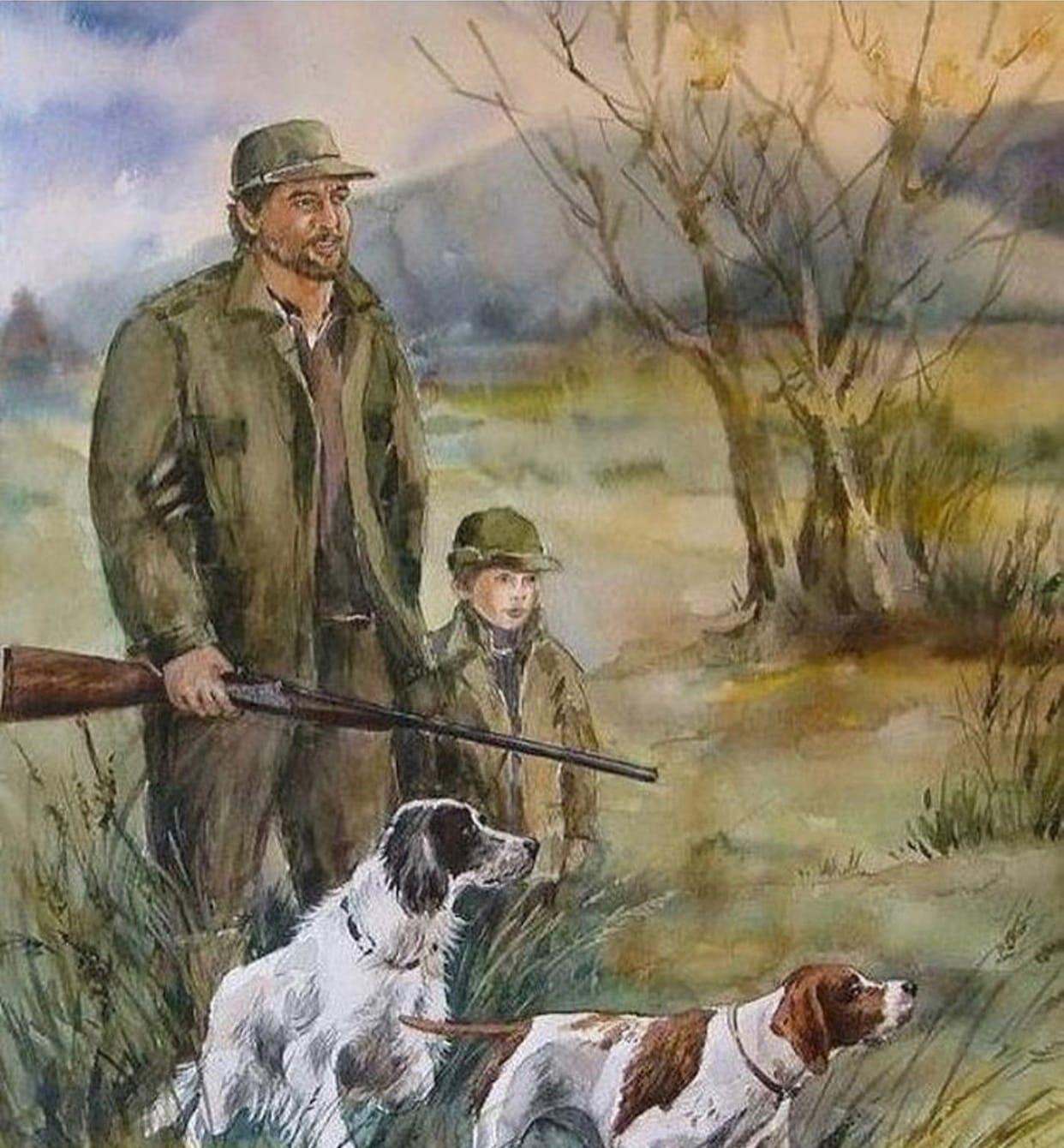 Папа за нами охотятся. Картина охотник с собакой. Охотник живопись. Картина охотники. Дети на охоте.