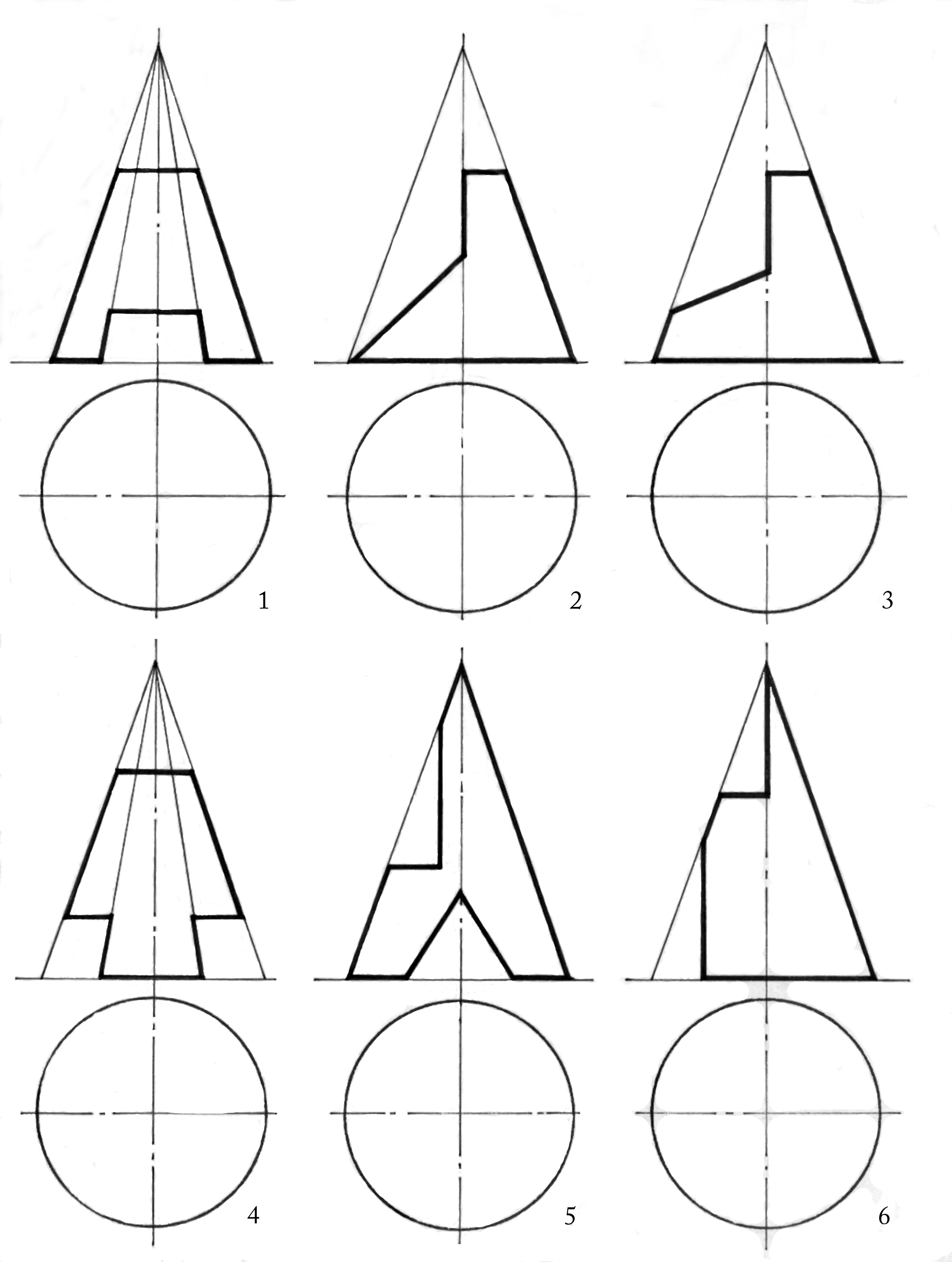 Чертеж усеченного конуса в трех проекциях
