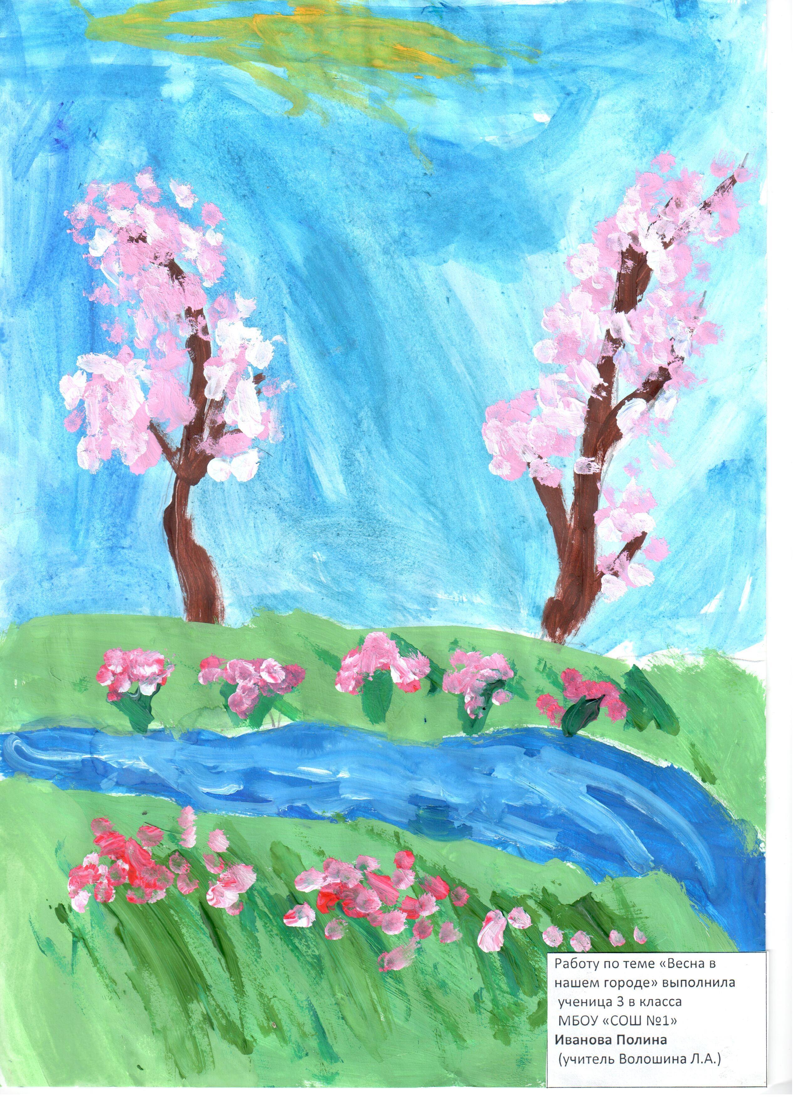 Весенний пейзаж детский рисунок. Весенние рисунки для детей. Рисуем весну с детьми.