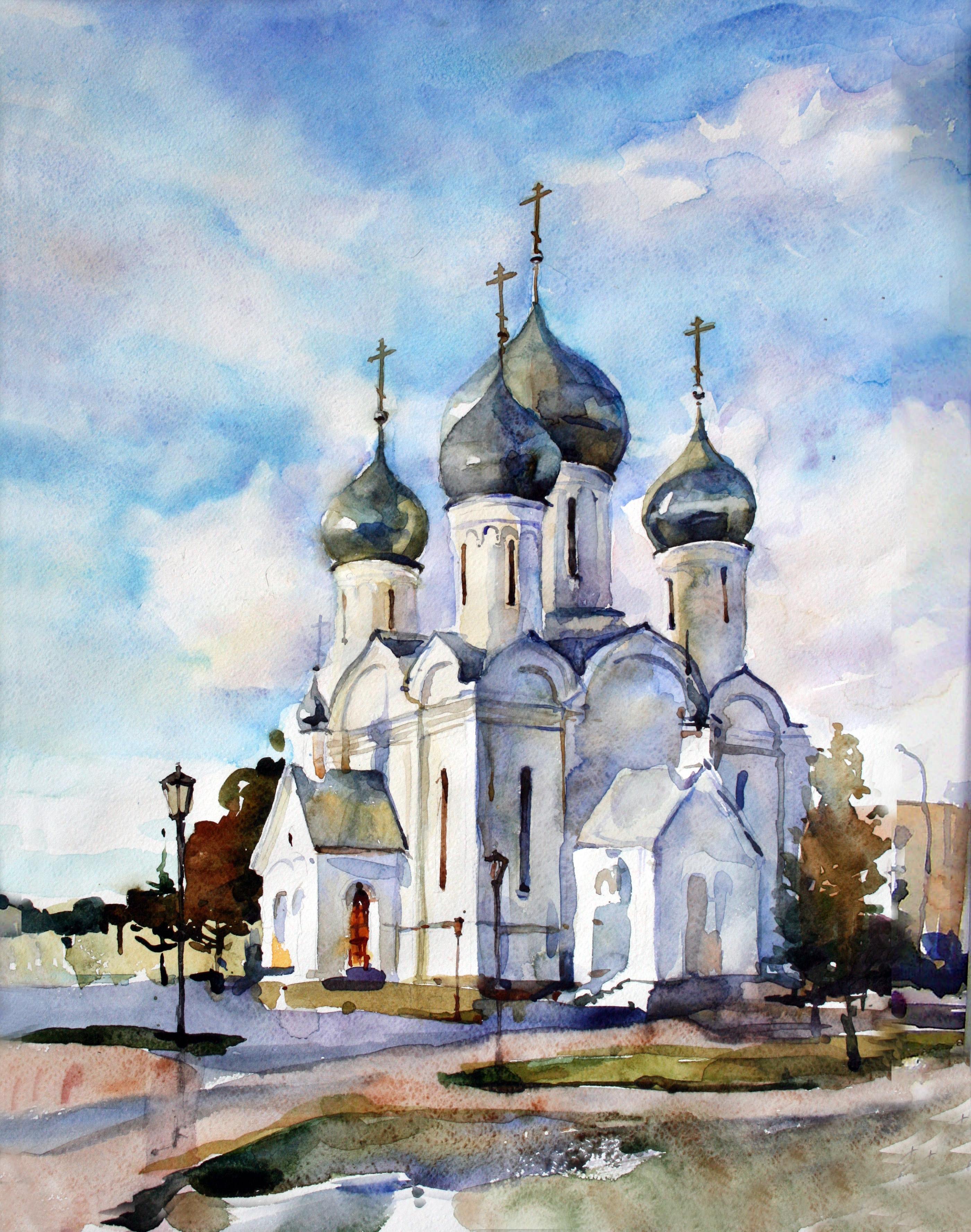 Рисунок акварелью церковь