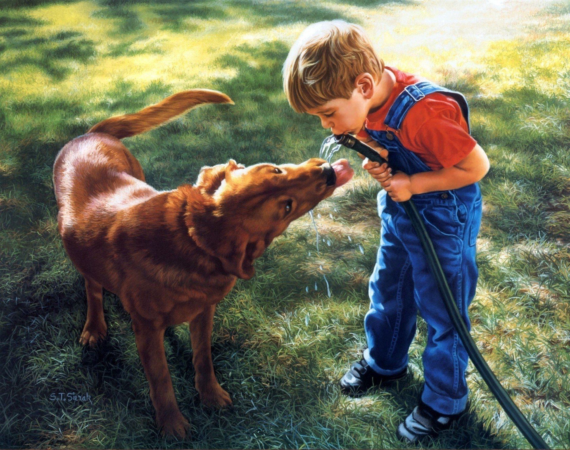 Доброта 74. Художник Tom Sierak. Дети и животные доброта. Собака для детей. Мальчик с собакой.