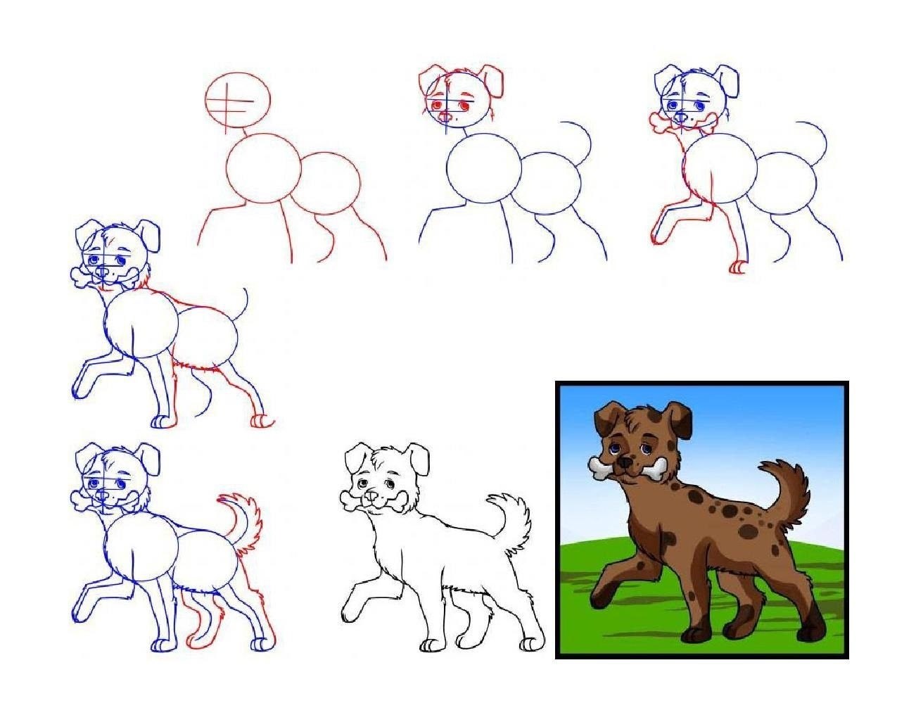 Схема рисования собаки для детей
