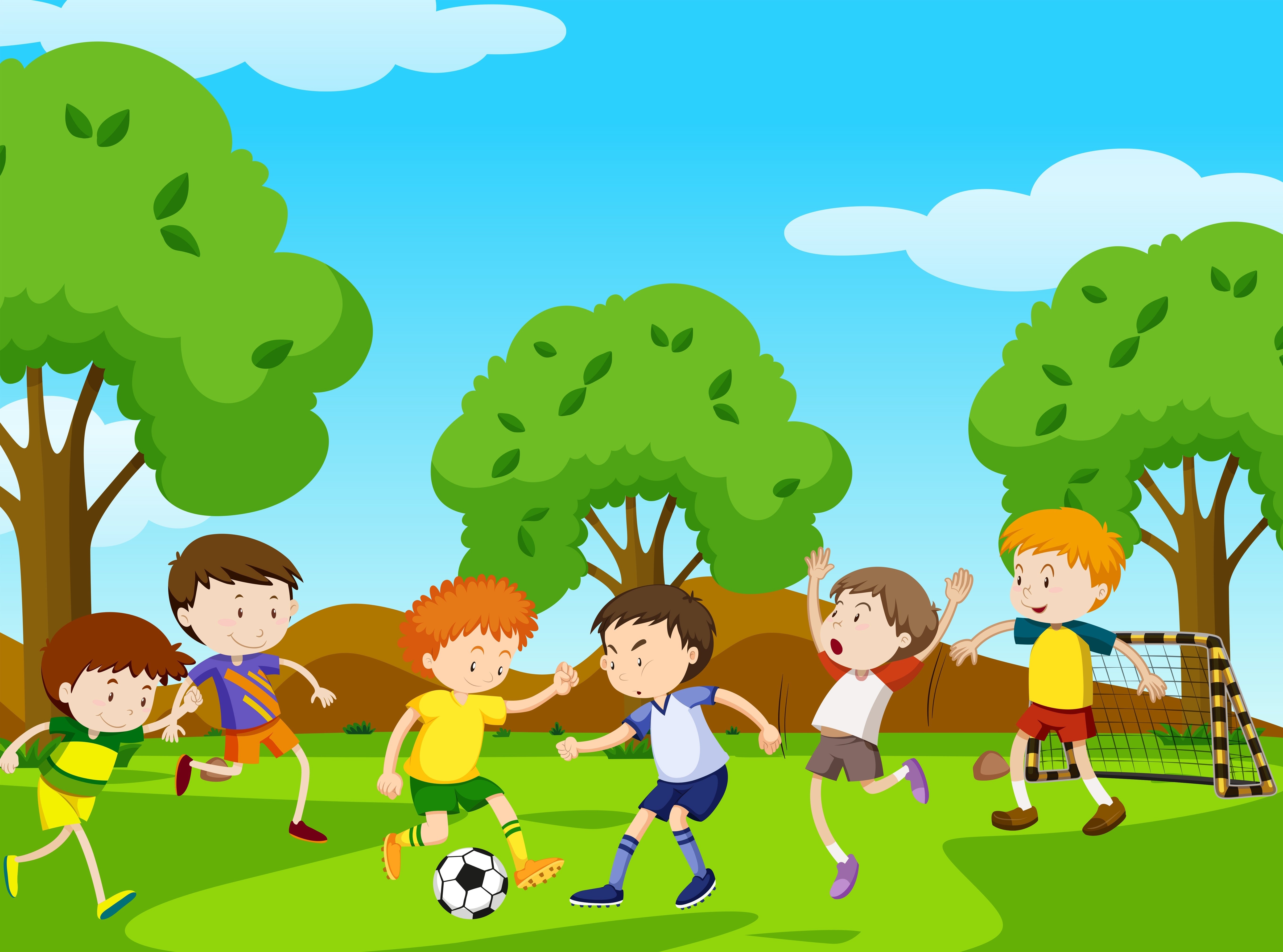 Играют в футбол в парке. Играющие дети в парке. Дети играющие в футбол вектор. Дети на улице мультяшные. Рисунки играющих детей в парке.