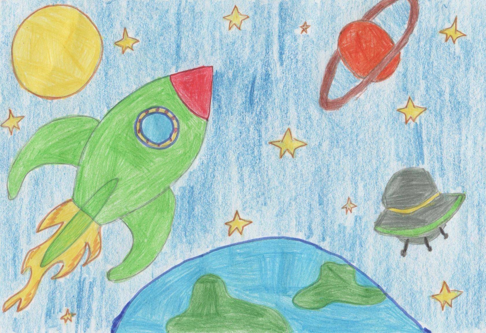 Рисунок про космос в садик. Рисунок на тему космос. Рисунок на космическую тему. Детские рисунки на тему космос. Рисунки на тему космос для детей.