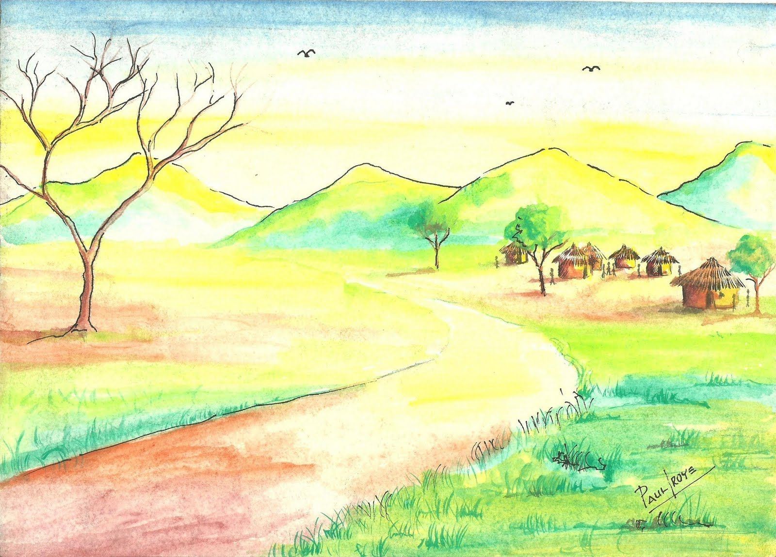 Пейзаж 6. Пейзаж цветными карандашами для детей. Летний пейзаж цветными карандашами. Рисунки карандашом природа. Легкие пейзажи цветными карандашами.