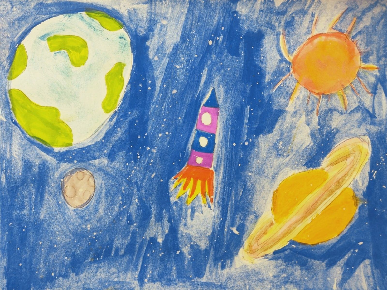 Тема космос для детей 4 лет. Детские рисунки на тему космос. Рисунок ко Дню космонавтики. Детские рисунки ко Дню космонавтики. Рисунок на день космонавтики для детей.