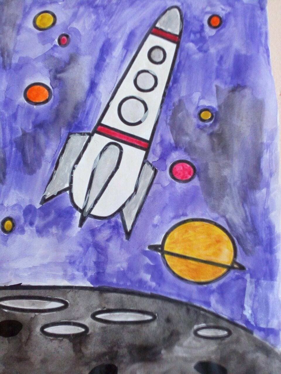 Рисунок на тему космос. Рисунок на космическую тему. Детский рисунок на тему космос. Детский рисунок ко Дню космонавтики. Рисунок космос легко и просто