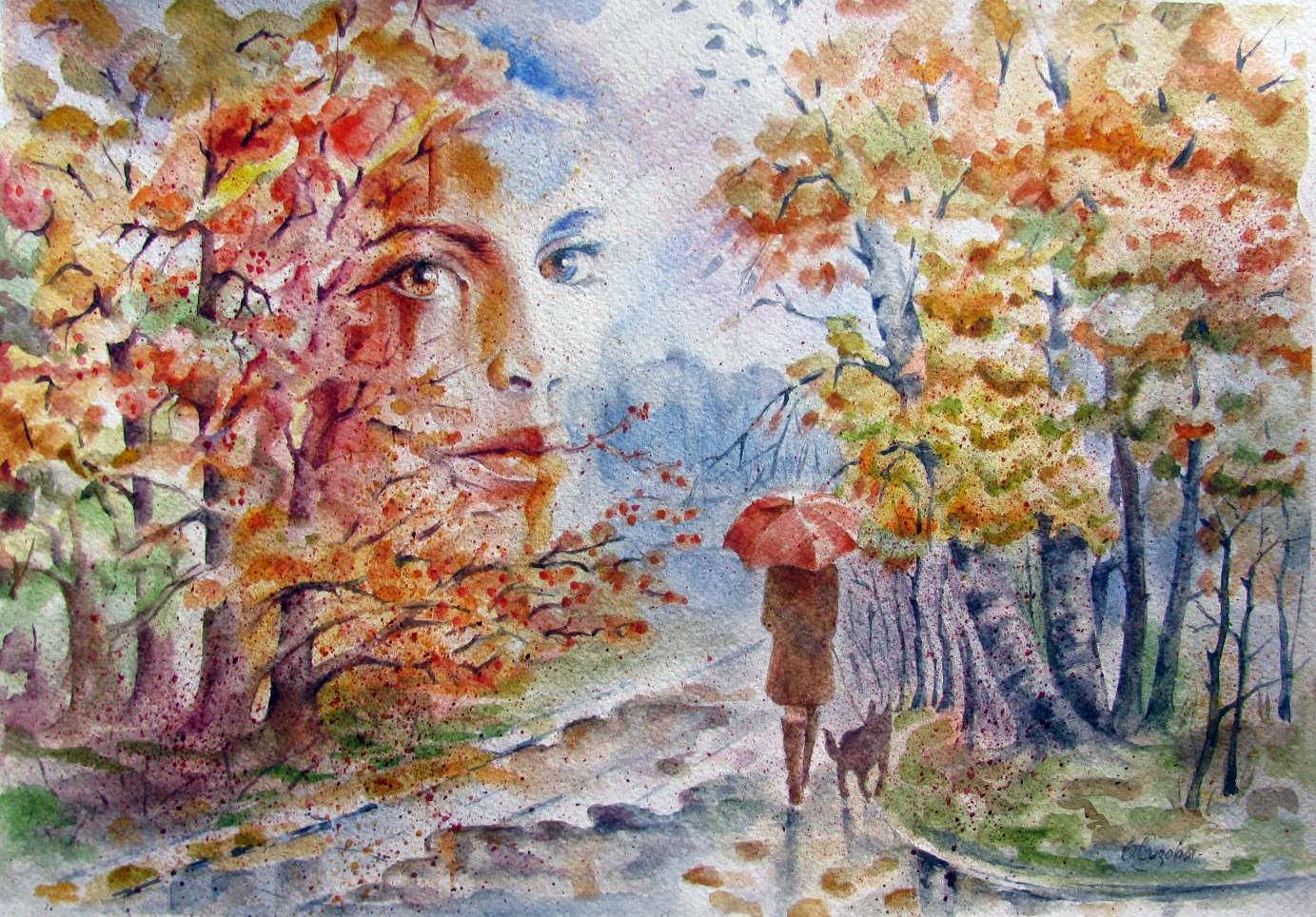 Неслышно ступая. Портрет пейзаж. Осенние картины акварелью. Осенний пейзаж акварелью. Осенняя живопись акварелью.