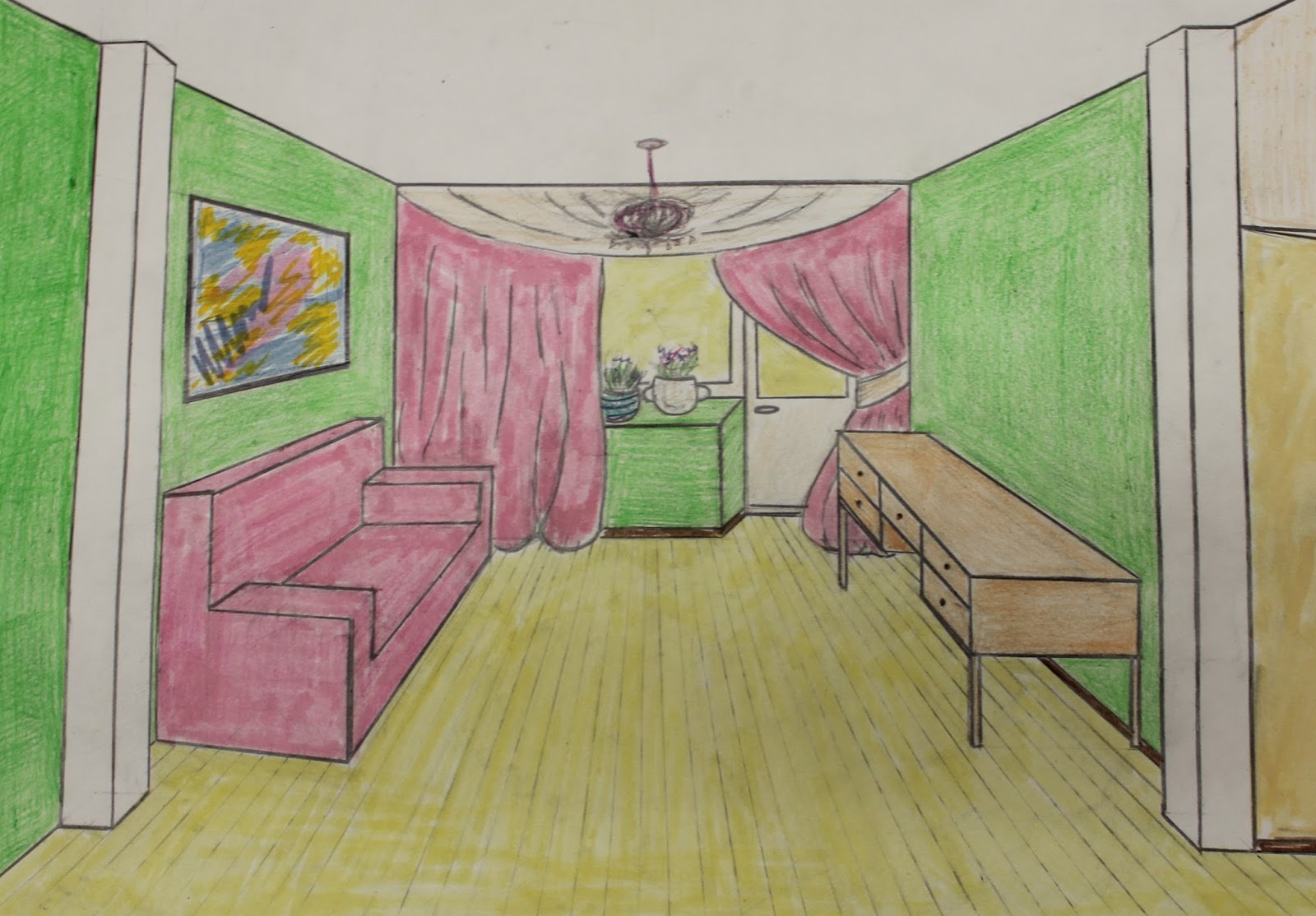 Рисунок комнаты 7 класс легко. Комната для рисования. Эскиз интерьера детской комнаты. Рисование комнаты с мебелью. Фронтальная перспектива интерьера.