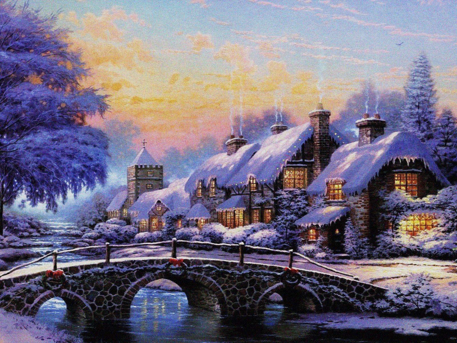 Сказочные зимние картины. Thomas Kinkade Рождественские домики. Thomas_Kinkade мост Голландия. Томас Кинкейд зима. Томас Кинкейд каток.