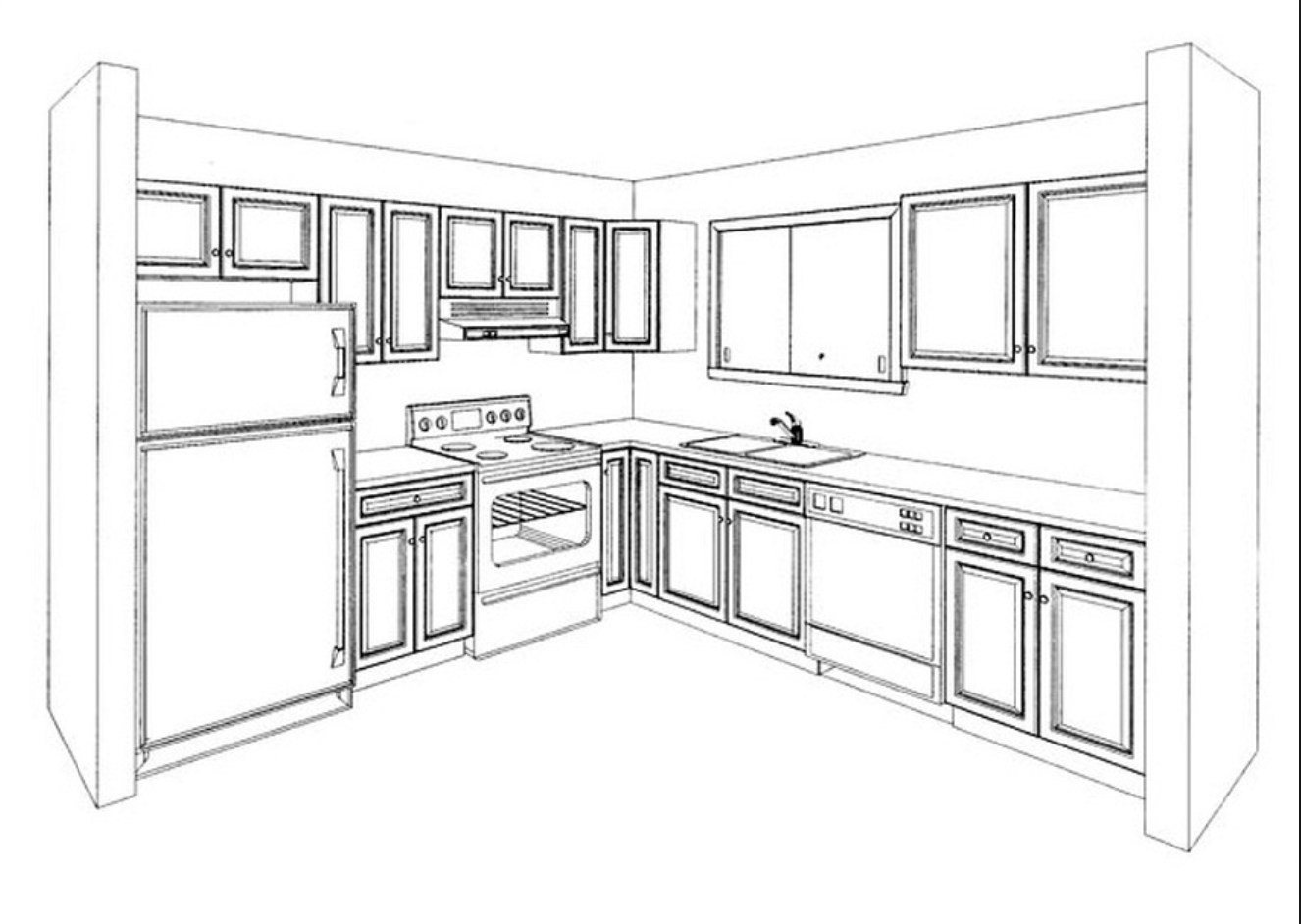 Распечатка кухни. Эскиз кухни. Кухня рисунок карандашом. Эскиз интерьера кухни. Угловая перспектива кухни.