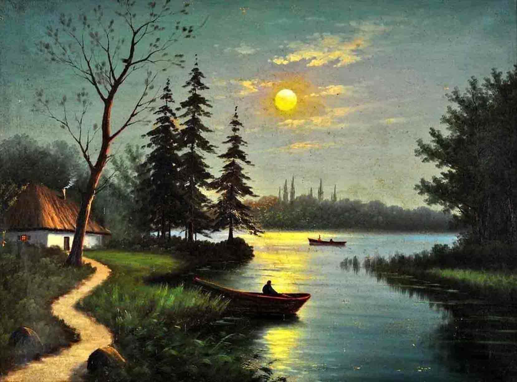 Золотою луна распласталась на тихой воде. Лунные пейзажи в живописи. Пейзаж вечер. Ночной пейзаж.